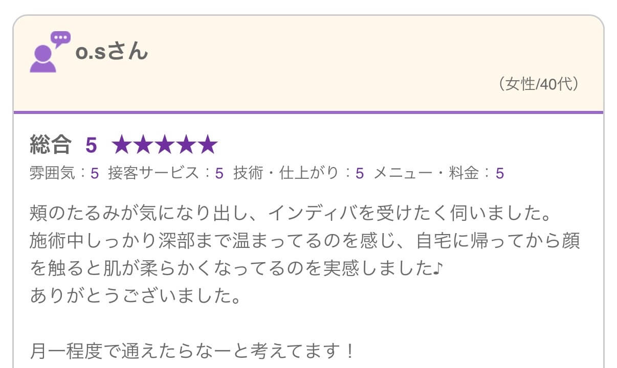 o.sさんの口コミ（頬のたるみ・インディバ）